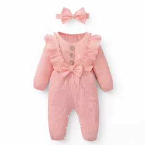 Langærmet baby romper bodysuit med hovedbånd