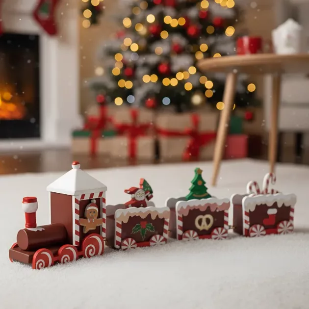 wooden christmas train, wood train ornament