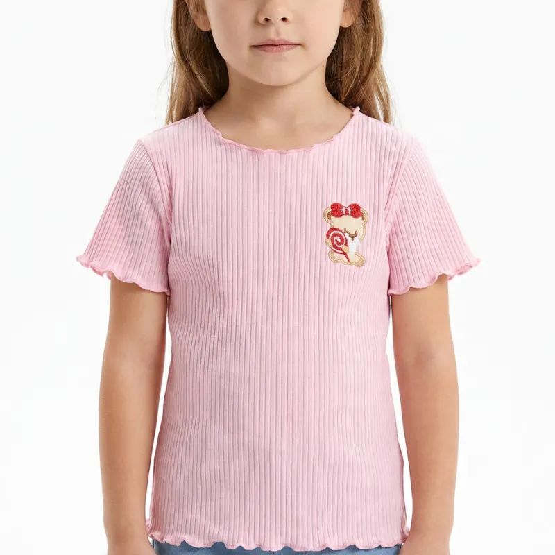 Sød sommer-T-shirt i bomuld med bølget kant til piger